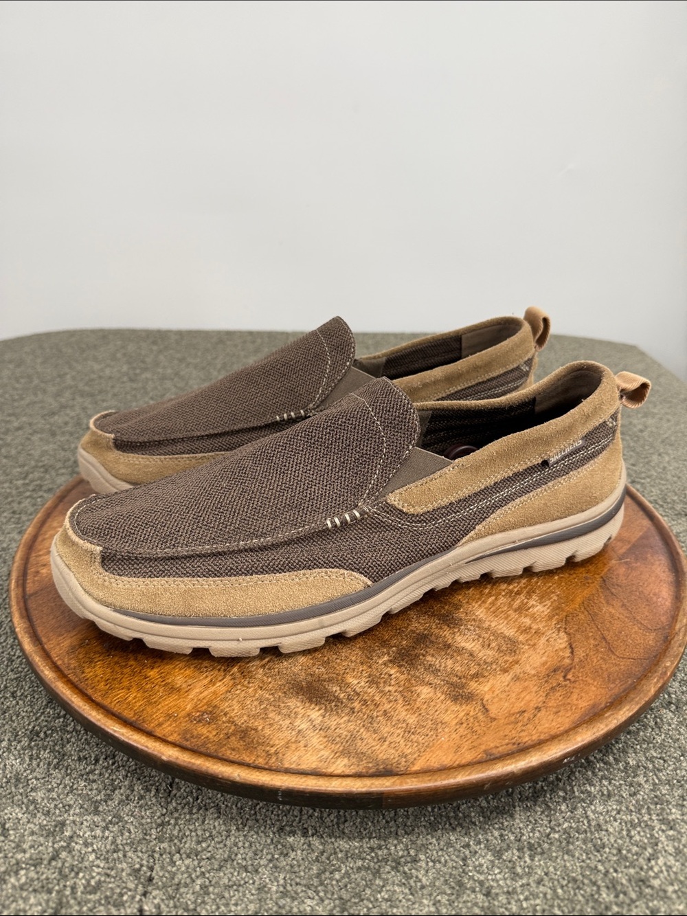 Skechers Shoes Mens 14 Casual Slip-On Loafers Brown Tan Leather Fabric Comfort
